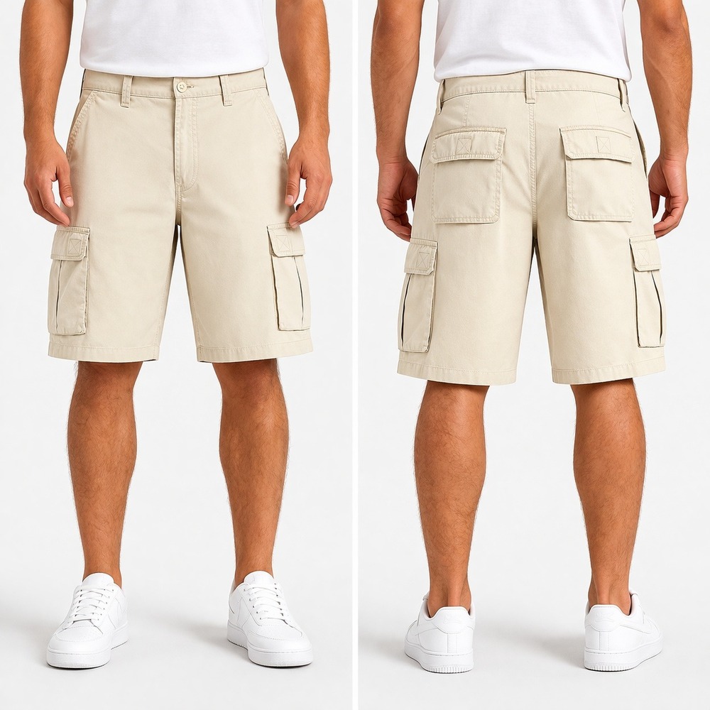 Bigg Sports Mens Khaki Cotton Cargo Shorts Tan Size 38 Relaxed Utility 6-Pocket